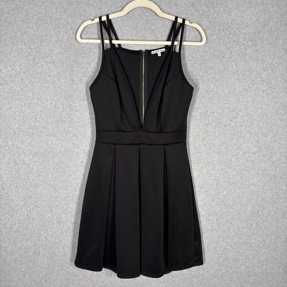 Y2K Charlotte Russe Pleated Plunge Dress Medium Black Party HOCO Sexy Zipper‎